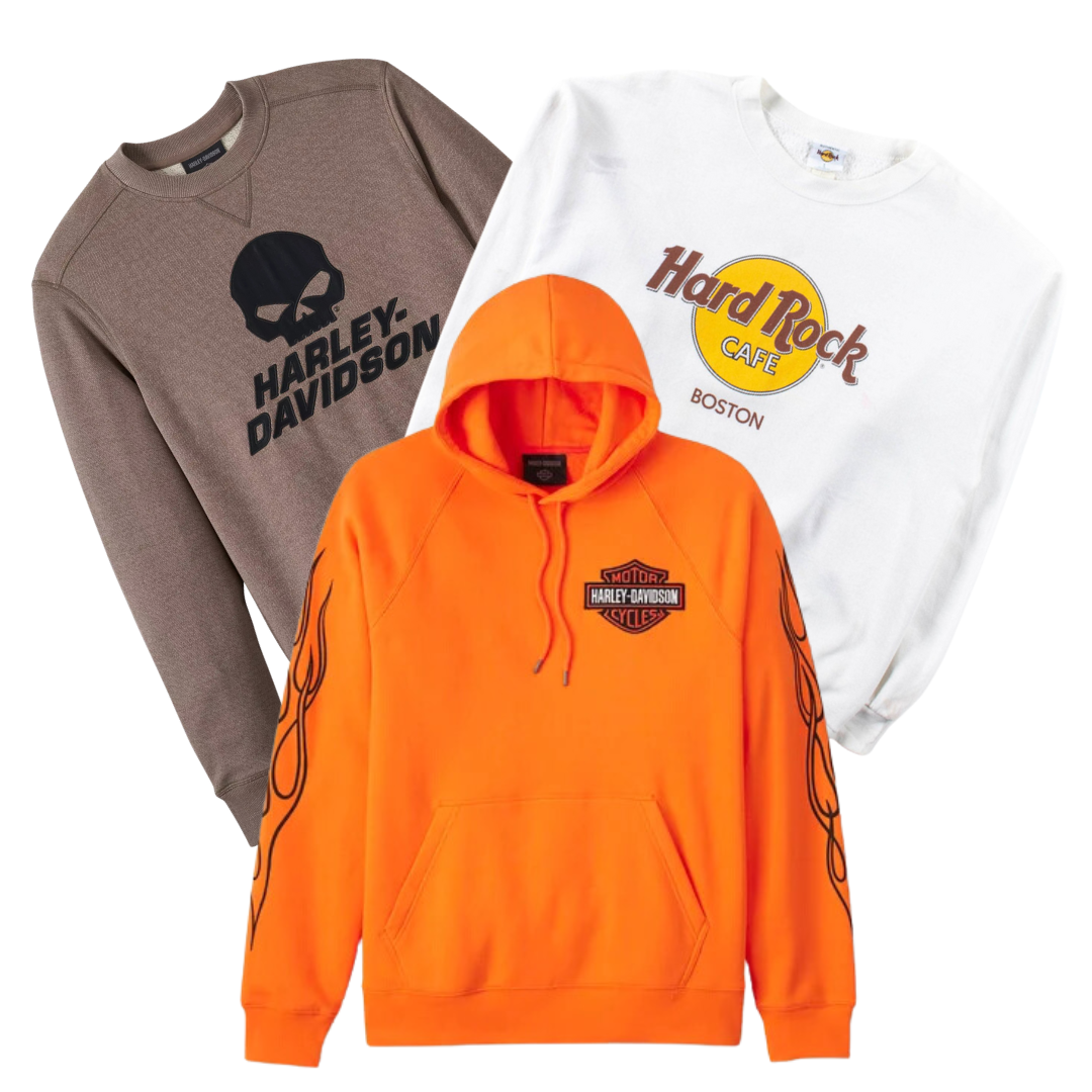 25 x HARLEY DAVIDSON/HARD ROCK CAFE SWEATSHIRTS/HOODIES — Solent Vintage Wholesale